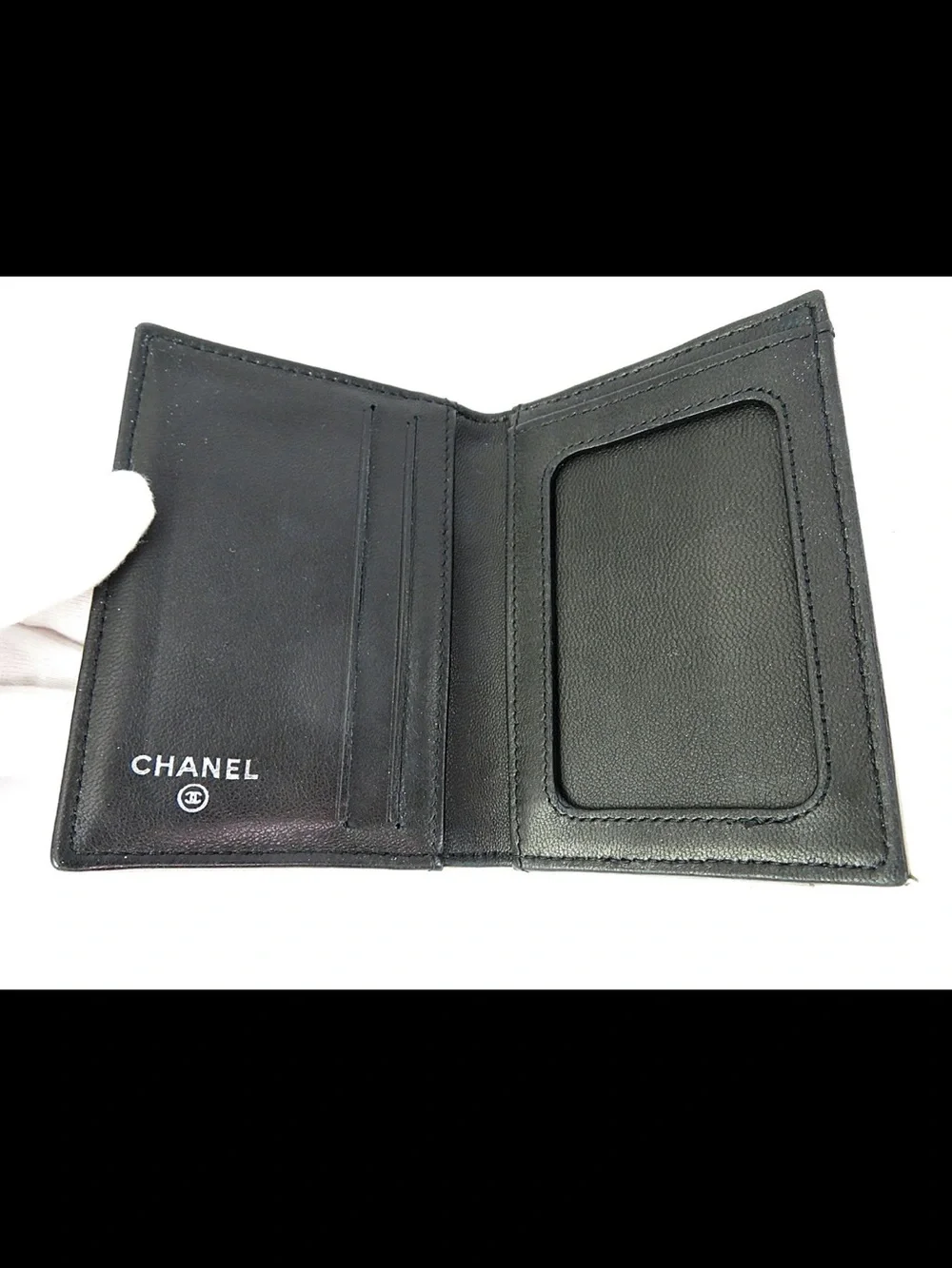 CHANEL Silver Card Case with Black Interlocking CC